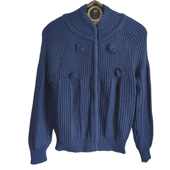 Vintage 70s Chunky Knit w Rosettes Button Front Mock Neck Cardigan Sweater L NOS - Picture 1 of 10